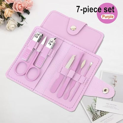 7 -Piece Manicure & Pedicure Kit with Portable PU Leather Case, Stainless Steel Nail Care Tools Set for Home & Travel (Pink/Purple/Green Options) - color: Purple