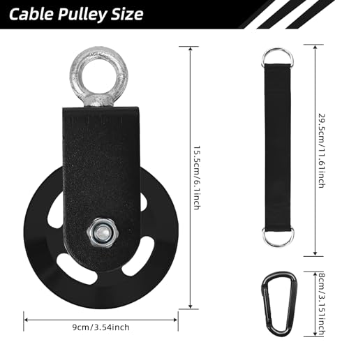 LFJ Aluminum Alloy Cable Pulley with Swing Strap Carabiner, 90mm Pulley Wheel for LAT Pulley System DIY Pull Down Attachment,Ladder Lift,Home Gym Equipment - color: Black
