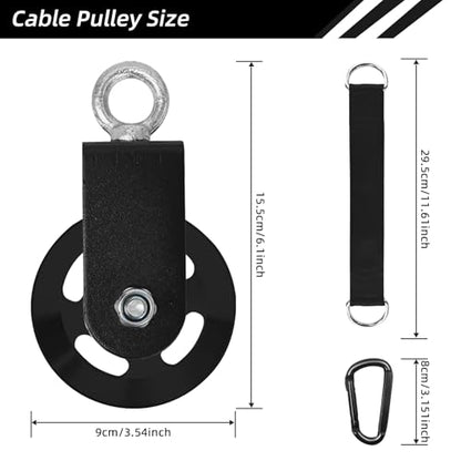 LFJ Aluminum Alloy Cable Pulley with Swing Strap Carabiner, 90mm Pulley Wheel for LAT Pulley System DIY Pull Down Attachment,Ladder Lift,Home Gym Equipment - color: Black-2Pack
