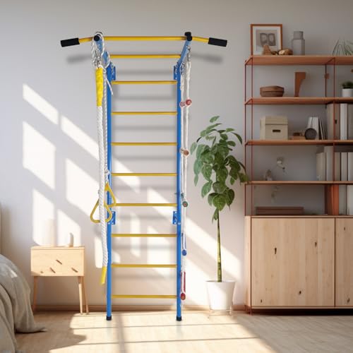 5in1 Climbing Toy Set, Steel Ladder wall kit (Including Ladder wall, Horizontal Bars, Ropes, Gymnastic Rings, and a Sturdy wall), a Set of Climbing ladders for Boys and Girls as Gift.