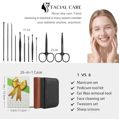 Nail Clippers Set, 26 Piece Manicure Set & Pedicure Kit, Stainless Steel Fingernail & Toenail Clipper Cutters, Professional Nail Care Tools with Luxurious Travel Case for Men and Women, Brown - color: Brown