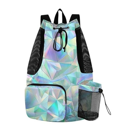 Drawstring Climbing Gym Bag With Pockets Drawstring Backpack with Wet Dry Compartments Holographic Shine Pattern Colorful