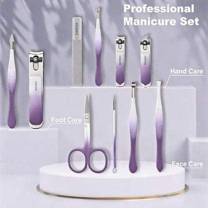 Manicure Set, 10 pcs High-Carbon Steel Nail Clippers Set, Portable Mini Manicure and Pedicure Kit, Travel Grooming Nail Kit with Leather Bag for Men and Women - color: DeepPurple