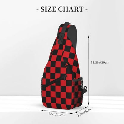 Checkered Crossbody Sling Bag for Women Men Abstract Geometric Pattern Christmas Plaid Sling Backpack Casual Chest Shoulder Bag Checkerboard with Red and Black Squares Sports Hiking Daypack - color: Black Red