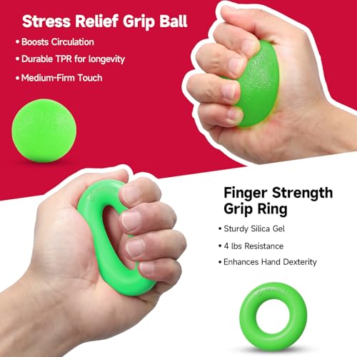 FitBeast Hand Grip Strengthener Workout Kit (5 Pack), 2 Forearm Grip Adjustable Resistance Hand Gripper, Finger Stretcher, Grip Ring & Stress Relief Grip Ball for Athletes - color: Light Green