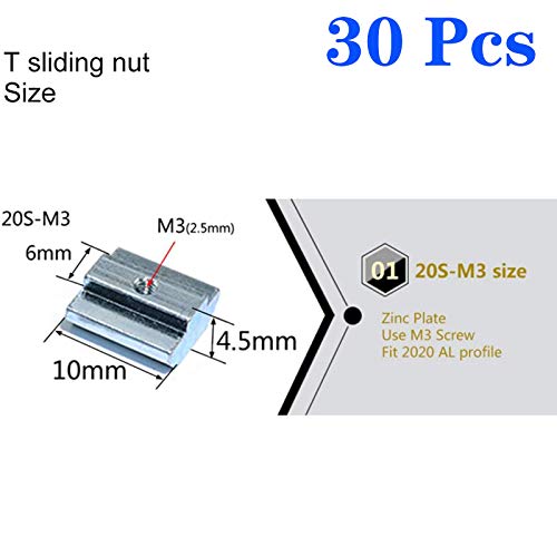 30pcs 2020 Series Sliding T Nuts Metric M3 Thread Slide in Hammer Head T-Nut for Standard 6mm T-Slot Aluminum Extrusion Profile （2020 Series M3） - size: 2020 Series M3