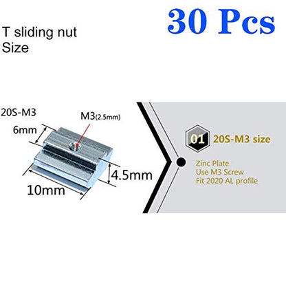 30pcs 2020 Series Sliding T Nuts Metric M3 Thread Slide in Hammer Head T-Nut for Standard 6mm T-Slot Aluminum Extrusion Profile （2020 Series M3） - size: 2020 Series M3
