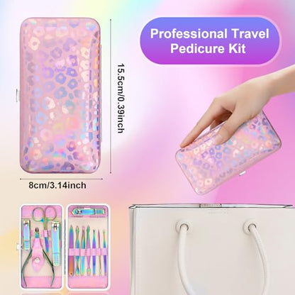 CGBE Nail Clippers Set, Manicure Set Pedicure 12 Pieces Stainless Steel Manicure Kit Professional Grooming Care Tools with Luxurious Travel Case - color: Pink-colorful