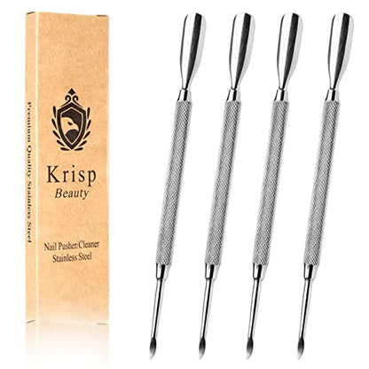 Cuticle Pusher Tools - Professional Nail Cuticle Pusher Cuticle Remover Cuticle Trimmer Spoon Shaped Nail Cleaner Dual Sided Metal Stainless Steel Manicure Pedicure for Women 4 Pack Set Krisp Beauty