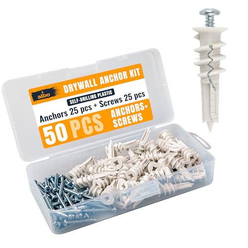 ALBO Self Drilling Drywall Anchor Set Hollow Wall with Screws 50 pcs. (White Anchor 25pcs + Screws 25pcs) Plastic E-Z Ancor Kit - color: Self White 25pcs