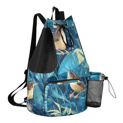 GuoChe Drawstring Backpacks Gym Swim Bag With Inside Pockets Pull String Bag Waterproof Cute Birds in Rain - color: Cute Birds in Rain
