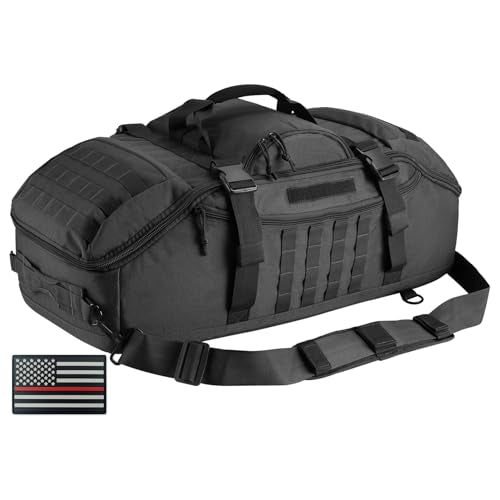 Hannibal Tactical 65L Large Duffle Bag, 3-in-1 Tactical Backpack MOLLE Pack for Workout, Sports, Gym, Outdoor, Black Red Patch - color: Black Red Patch, size: 65L