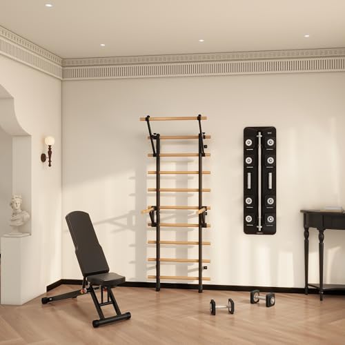 DHT Wood Stall Bar, Swedish Ladder Suspension Trainer with 9 Strategic Rods, for Home, Gym, School and Clinics, Black - color: WA1-D