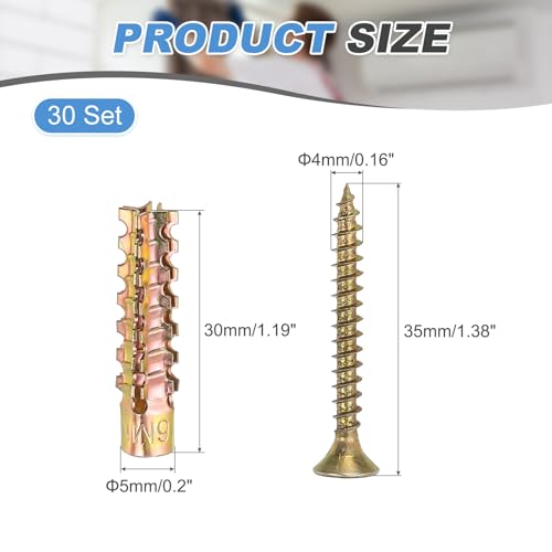 PATIKIL 30 Pcs Drywall Hollow Wall Anchors with Screws 0.16 x 1.38, Steel Dry Wall Anchors Kit for Wooden Concrete Plaster Hinge Hole Repair, Brass (5 x 30mm) - size: 5 x 30mm