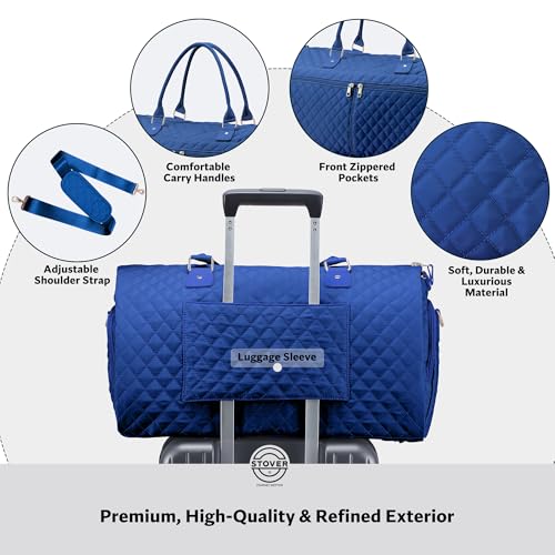 STOVER Women’s Convertible Garment Duffel Bag for Travel – 2-in-1 Carry-On Weekender/Overnight Tote - Wrinkle-Free Dresses, Suits & Clothes + Shoe Compartment & Bonus Toiletry Bag (Sapphire Blue) - color: Sapphire Blue