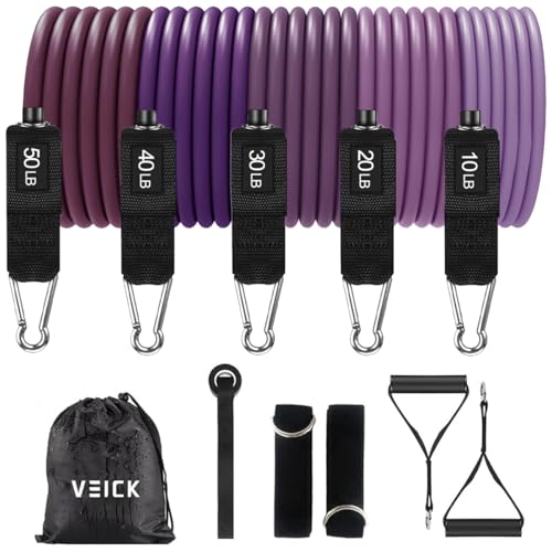 VEICK Resistance Bands with Handles, Ankle Straps, Door Anchor | Accredited Lab Certified, 100% Natural Latex, Cushioned Handles, Versatile for Yoga, Pilates, Strength, Home Gym - color: Purple 150LBS