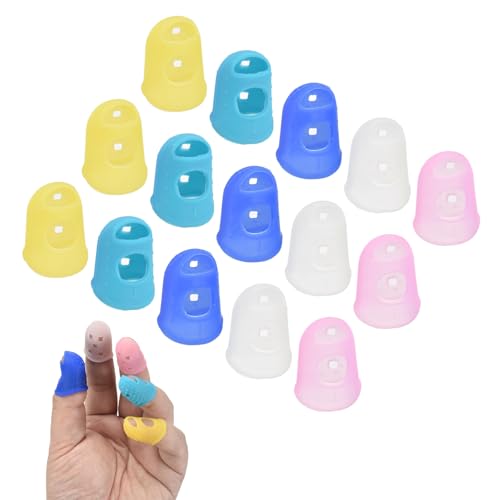PATIKIL 15 Pcs Silicone Finger Tips, 18mm Anti-Slip Textured Surface Reinforced Protectors Fingertip Covers Reusable Thimbles for Money Counting Guitar Sewing, 5 Colors - color: Yellow/Translucent/Pink/Light Blue/Dark Blue, size: 18mm