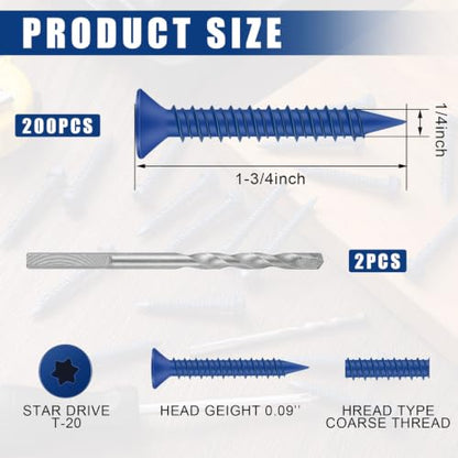MorningRo 200 Qty 1/4" x 1-3/4" Star Head Concrete Screws Anchor with Drill Bits Blue Star Drive Bugle Head Screws for Anchor Masonry, Block, Brick, Cement, Stucco, Diamond Point, Wood Fastening - size: 1/4" X 1-3/4", style: Star Head