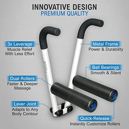 DoubleUP Roller D5 Leg & Arm Massager, Metal Frame, 5 Rollers & Case, White | 3X Lever-Action Pressure Control. 5 Quick-Change Rollers + Storage Case. IT Bands, Calves, Quads, Hamstrings, Thighs, Arms. - color: White