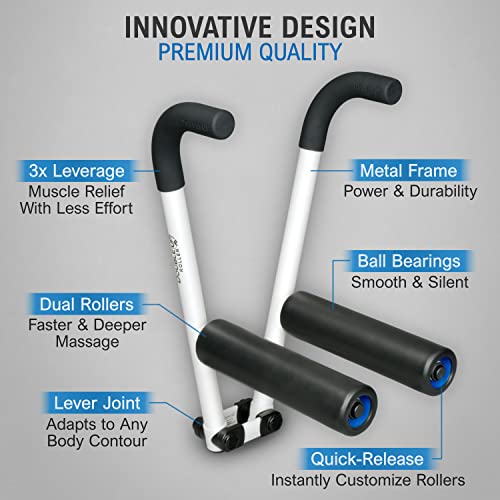 DoubleUP Roller D2 Leg & Arm Massager, Metal Frame + 2 Rollers, White | 3X Lever-Action Pressure Control. 2 Quick-Change Rollers. For IT Bands, Calves, Quads, Hamstrings, Thighs, Arms. - color: White