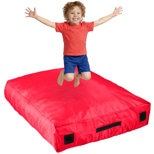 SaferBounce Crash Pad for Kids Sensory | Big 5Ft x 5Ft Or 3Ft x 4Ft | Autism Sensory Crash Mat for Jumping & Play | Crashpad | Soft Foam Landing Pad for Kids | Giant Pillow Mat | Climbing & Gymnastics - color: Red, size: Small
