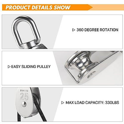 LAIWOO M25 Heavy Duty Stainless Steel Pulley Block, Rope and Hooks, 2 Pack | Includes eye pad plate and line cleat, corrosion resistant, for lifting, DIY and clothesline - size: M25-11P