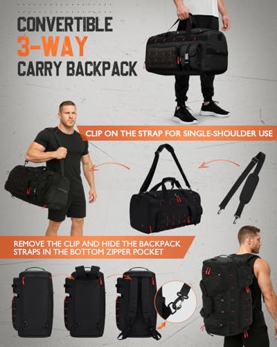 Gonex 45L Tactical Duffel Bag, 3-in-1 Gym & Travel Bag | Shoe compartment, Tactical gear loops, Water-repellent lining, 5 zip pockets, Weekend travel - color: Black with Red Accents, size: 45L