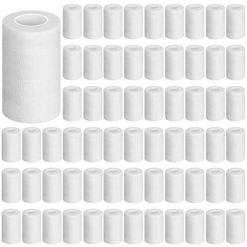 Treela 64 Pack 3" x 5 Yards Self Adhesive Cohesive Bandage Wraps, Elastic Breathable Athletic Tape, Flexible Self Adherent Bandage Rolls for Wrist, Ankle, Fingers, Sports & Pets (White) - color: White, size: 3 Inch X 5 Yard