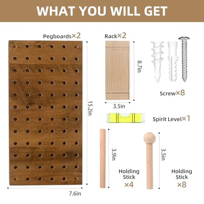 Brown Wood Pegboard Modular Set of 2 | Includes wall hooks & shelf, for home/office/bathroom storage - color: Brown