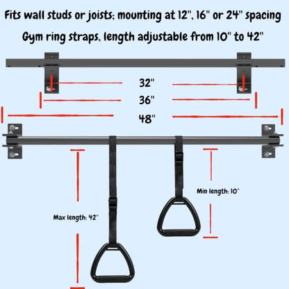 48'' Joist Mounted Pull Up Bar with Gym Rings Wall Studs Mount Chin Up Bar for Ceiling, Beams, Doorway & Corner Mount Heavy Duty Pull-up Grips for Home Gym Strength Training – Patent Pending
