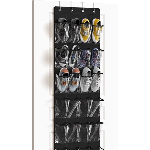 Simple Houseware 24 Pockets Clear Over the Door Shoe Organizer, Black | 64" x 19", 4 Durable Metal Hooks, 4.3" x 9.5" Pocket Size, Multipurpose - color: Black, size: Large Pockets