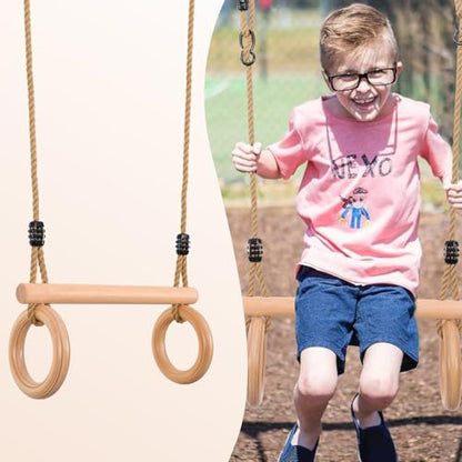 YAERSI Children's Trapeze Swing Bar with Wooden Gym Rings,Trapeze Bar for Swing Set - color: Round