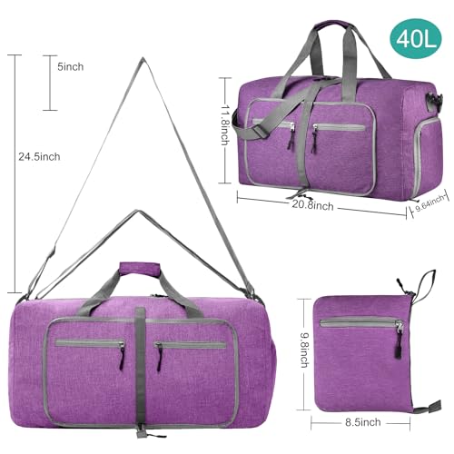 Dimayar 40L Foldable Duffle Bag, Travel & Weekender, Overnight, Gym | Lightweight, Carry-on, Packable, Waterproof & Tear Resistant, Travel Duffel Bag with Shoes Compartment for Men Women - color: Purple, size: 40L