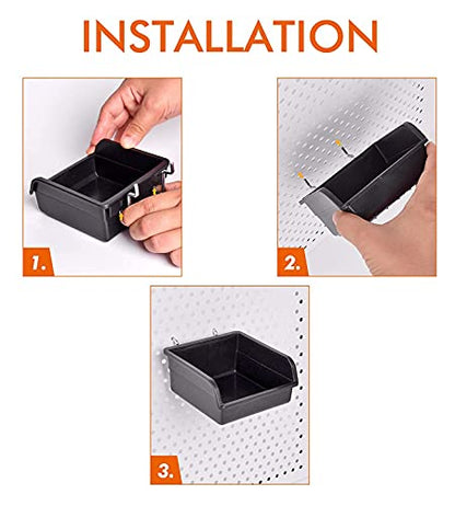 Pegboard Bins With Hooks, 12 Pack Peg Board Garage Tool Storage Organizers | 1/8" 1/4" Pegboard Accessories, Plastic Hanging Organizer Bins, Tool Storage for Screws Nuts Bolts Nails Small Hardware Parts