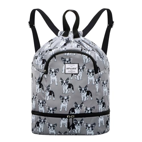 Dry Wet Drawstring Backpack with Shoe Compartment for Women Adjustable Gym Bag - color: Dog