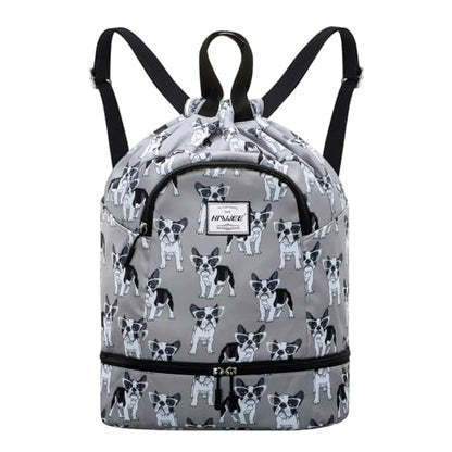 Dry Wet Drawstring Backpack with Shoe Compartment for Women Adjustable Gym Bag - color: Dog