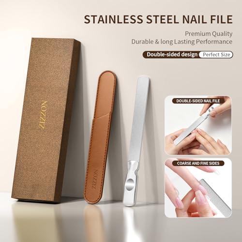 ZIZZON Professional Stainless Steel Nail Files Double Sided for Women and Men, Heavy Duty Reusable Manicure Filer for Natural Nails, Great for Home Salon or Travel Use