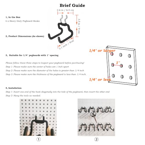 6 Pack Pegboard Hooks - Peg Board Tool Utility Hooks & Hangers Fit 1/4" Pegboards - Heavy Duty Metal Peg Board Shelving Hooks Wall Organizers and Storage for Garage Craft Workbench (S)