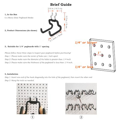 6 Pack Pegboard Hooks - Peg Board Tool Utility Hooks & Hangers Fit 1/4" Pegboards - Heavy Duty Metal Peg Board Shelving Hooks Wall Organizers and Storage for Garage Craft Workbench (S)