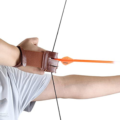 3-Finger Leather Archery Glove, Shooting Finger Guard | Smooth draw feel, reinforced stress zones, lightweight fit, easy on & off, durable wear resistance, fits recurve bow training - color: Brown