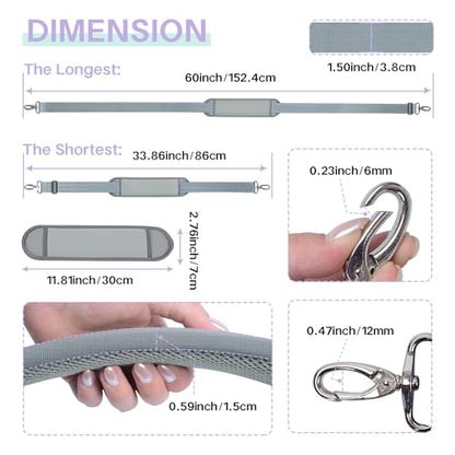 60 Inch Shoulder Strap for Bag with Removable Ultra-Thick Pad | 60" Shoulder Strap with Removable Thick Pad,Adjustable Buckles and Metal Hooks, for Briefcase/Laptop/Messenger/Luggage Bag - color: Grey