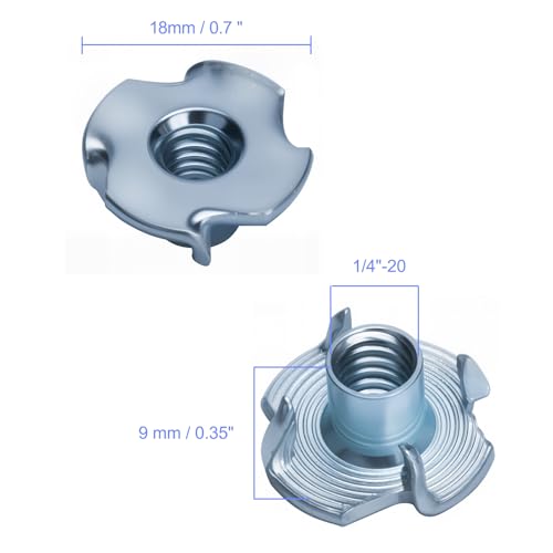 1/4"-20 T-Nuts (100 Pack), T-Nut 4 Pronged Tee Nut Zinc Plated Steel, Durable Threaded Insert Tee Nut for Wood, Rock Climbing Holds, Cabinetry,Furniture (1/4)