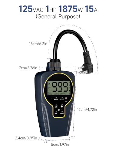 Techbee Repeat Cycle Timer Plug Outlet, 15A 1HP | 1 s to 999 h Interval, Short/Long On-Off, Countdown, Light Sensor, Waterproof for Outdoor