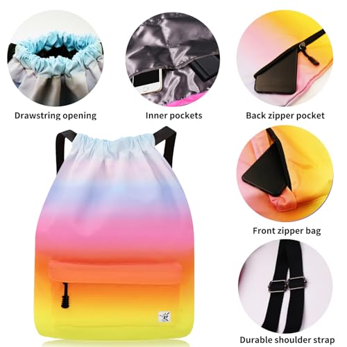 Waterproof Drawstring Bag, Gym Bag Sackpack Sports Beach Backpack for Men Women - color: 08-gradual Rainbow