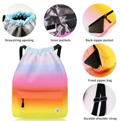 Waterproof Drawstring Bag, Gym Bag Sackpack Sports Beach Backpack for Men Women - color: 08-gradual Rainbow