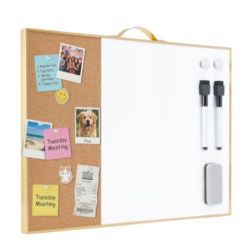 Small Cork Board Whiteboard Combo - 12" X 16" Portable Aluminum Gold Framed Magnetic Dry Erase Board for Wall, Mini Bulletin CorkBoard with a Handle for Office, Home and School - color: Gold- 1/3 Cork & 2/3 Whiteboard, size: 16"W x 12"H