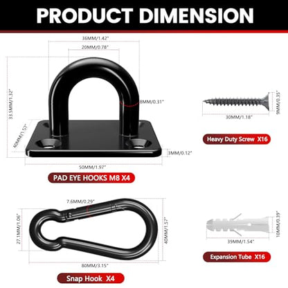 sprookber 304 Stainless Steel Pad Eye Snap Hooks, M8 Heavy Duty Ceiling Hooks, 1200 lb Capacity Hammock Swing Hanging kit, Plant Hangers, Marine Hardware Staple Hook Loop with Screws, Set of 8(Black) - size: 3.15 inch, style: Black Square