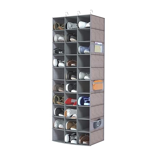 30 Section Hanging Shoe Organizer with Side Pockets, Grey | Hanging Closet Organizer and Storage for Wardrobe, Dorm, Bedroom, Space Saving Foldable Clothes Shelf with Sturdy Hooks - color: Grey With 6 Mesh Pockets