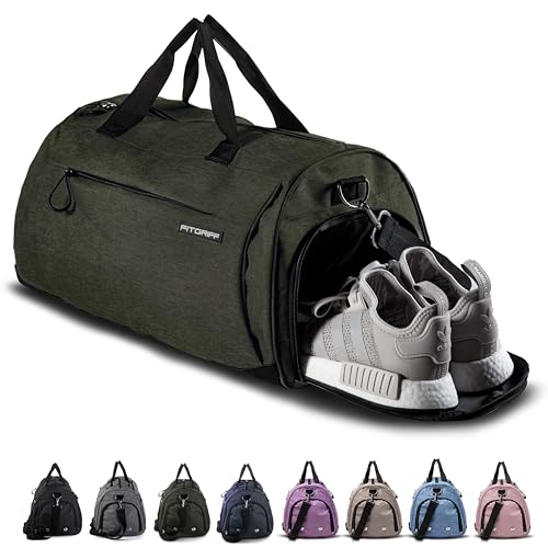 Fitgriff® Gym Bag for Men & Women with Shoe & Wet Compartment - Duffle Bag for Travel, Sports, Fitness & Workout - color: Army Green, size: 19 x 10 x 10″ (Small)
