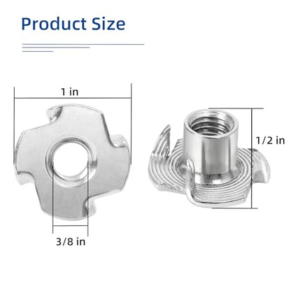 3/8"-16 T-Nuts, 304 Stainless Steel 4 Pronged Tee Nuts, Four-jaw Threaded Inserts for Rock Climbing Holds, Furniture, Cabinetry, Woodworking, Silver, 10 PCS - size: 3/8"-16